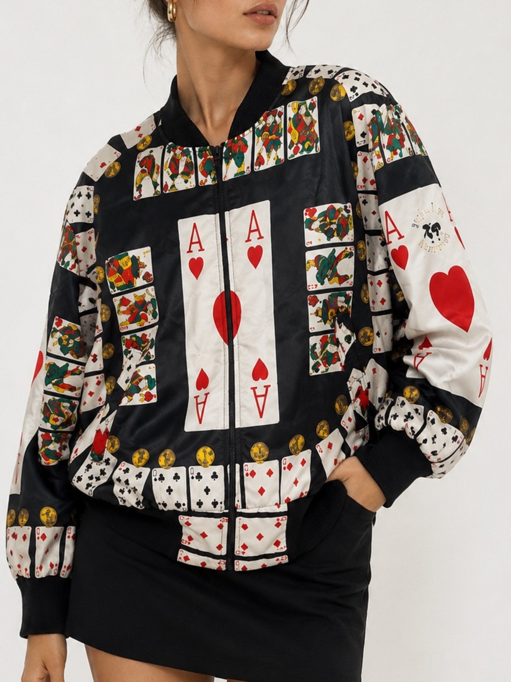 VINTAGE MOSCHINO COUTURE Ace of Hearts Playing Cards Oversized Bomber Jacket